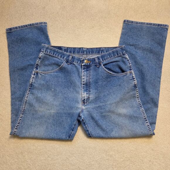 Wrangler Men's 34x30 Distressed Straight Leg Blue Jeans - Picture 1 of 12